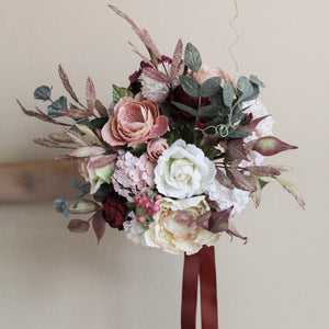 Fall classic bridal bouquet || Peach, Maroon and Brown theme.