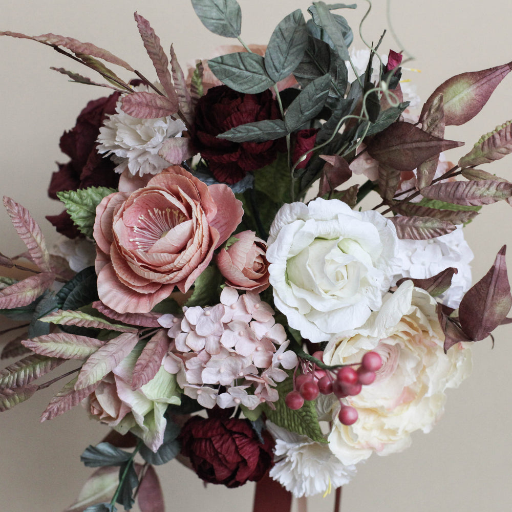 Fall classic bridal bouquet || Peach, Maroon and Brown theme.